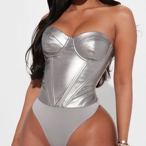Metallic Silver PU Corset Bodysuit (Size Medium)